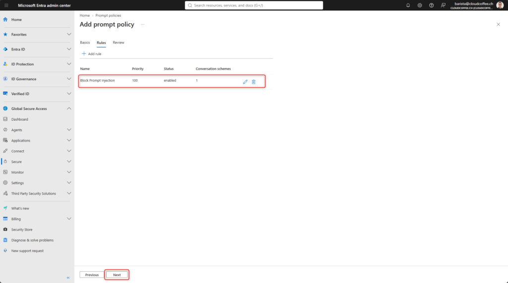 Microsoft Entra Prompt Injection Protection policy with the Block Prompt Injection rule enabled and one conversation scheme configured.