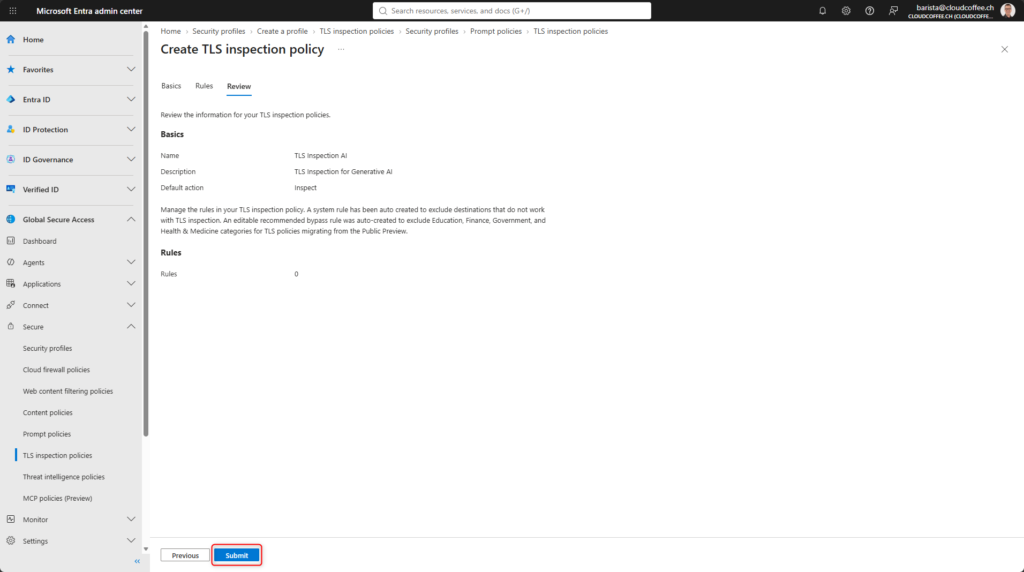 Review of a Microsoft Entra Global Secure Access TLS inspection policy for Microsoft Entra Prompt Injection Protection.
