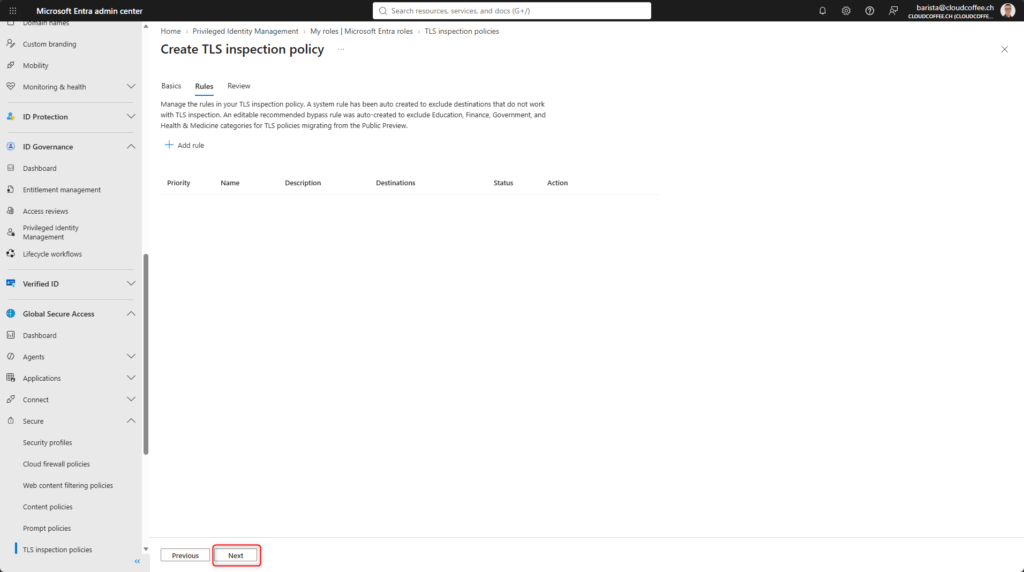 Microsoft Entra Global Secure Access TLS inspection policy rules used for Microsoft Entra Prompt Injection Protection.