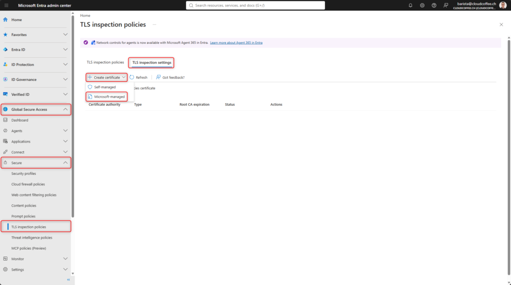 Microsoft Entra Global Secure Access TLS inspection settings showing creation of a Microsoft-managed certificate.