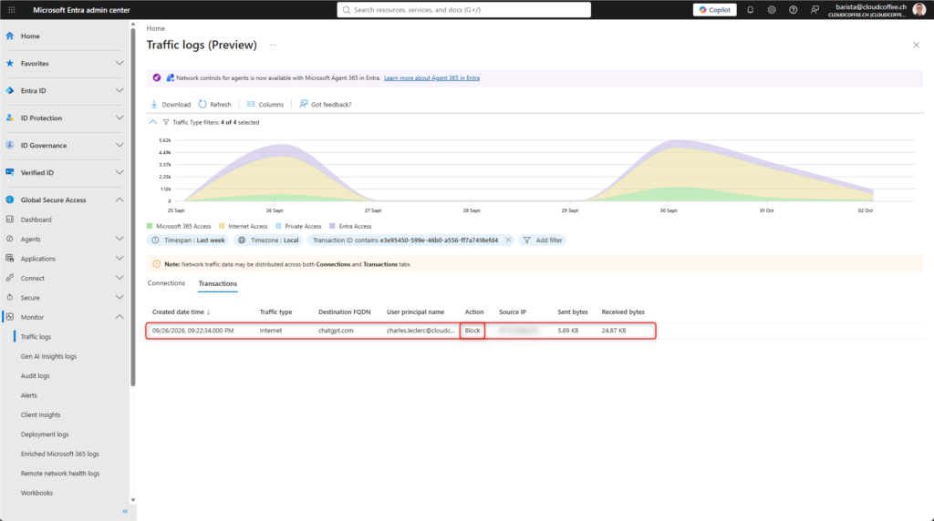 Microsoft Entra Global Secure Access traffic logs showing a blocked ChatGPT transaction triggered by Prompt Injection Protection.